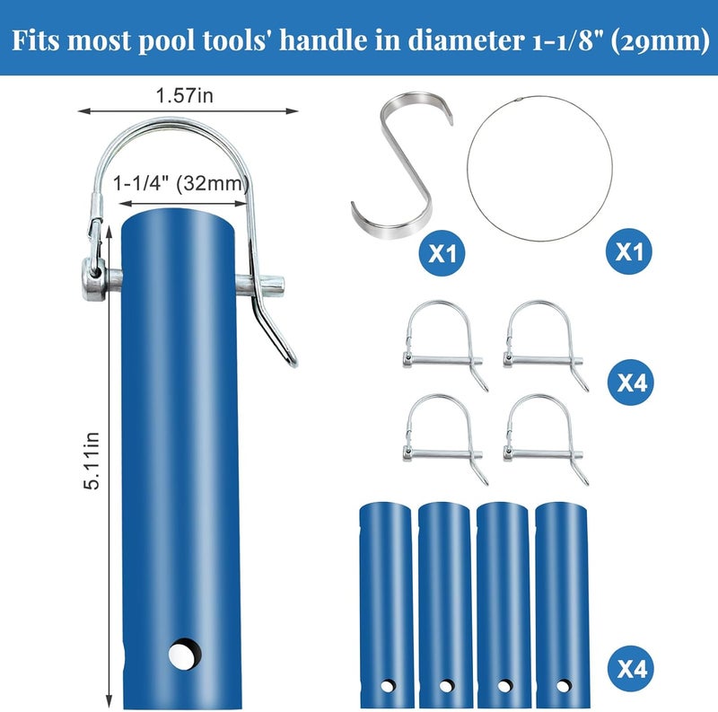 Feoang 4 Pack Pool Tool Holder and Organizer,Pool Cleaning Equipment Storage with 4 Pool Tool Holder,4 Hooks,Key Chain Loop and S Shaped Hook Easy Storage Pool Cleaning Equipment Storage for Skimmers（Blue） - Image 3